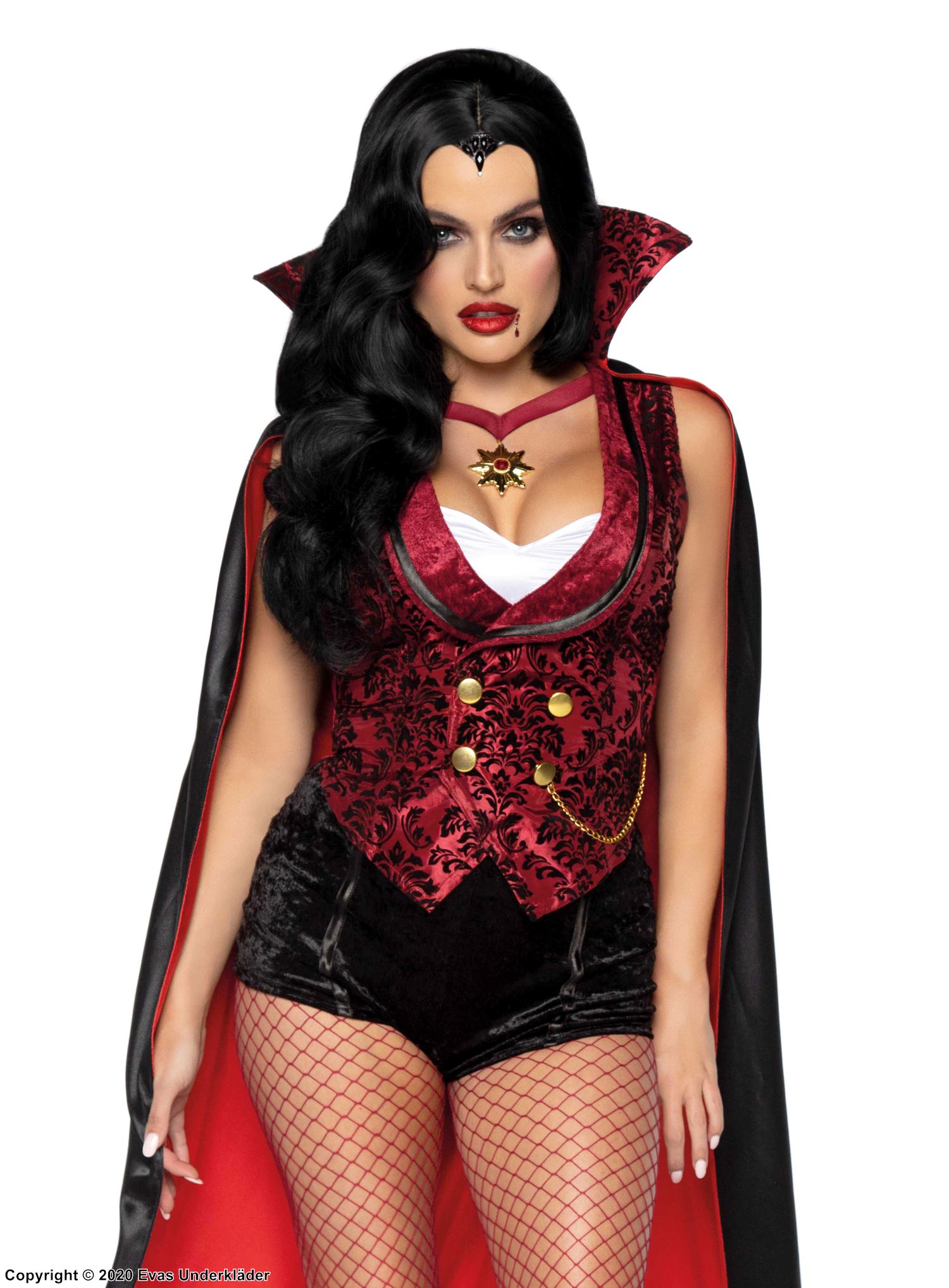Vampyr, maskeraddräkt med topp och shorts i brokad med sammet, cape och stående krage
